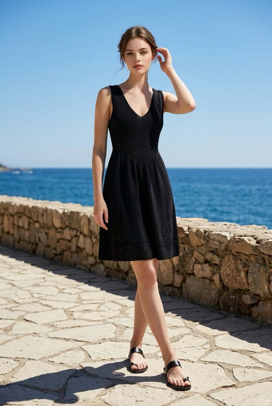 Sandro Black Knit Dress with Guipure Lace Inserts Size 1